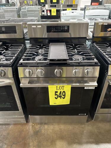 LG gas range oven featuring ProBake Convection, Air Fry, Wi-Fi connectivity, EasyClean and Self Clean, with five burners and a 6.3 cu. ft. capacity. Stainless steel finish with a blue oven interior, Model: LRGN6323Y/00, Serial Number: 504MMBE0L069, RETAIL