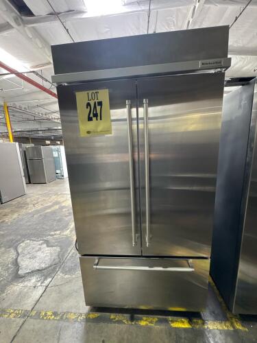 KitchenAid 42" Built-In French Door Refrigerator, Model KBFN502ESS02, featuring a stainless steel exterior, 24.17 cu. ft. total capacity (17.75 cu. ft. refrigerator, 6.42 cu. ft. freezer), Preserva&reg; Food Care System, SatinGlide&reg; Crispers with Soft-Close, 