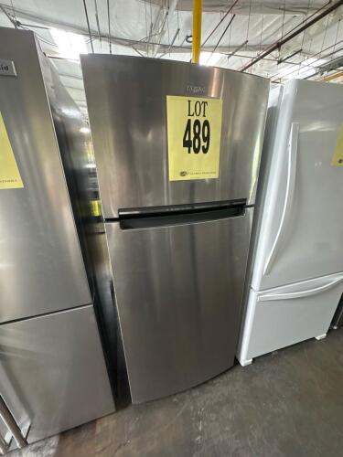 Whirlpool WRT518SZFM00 Top Freezer Refrigerator, 18 cu. ft. capacity, 28" width, 67.375" height, 31.625" depth, stainless steel finish, electronic temperature control, LED interior lighting, frameless glass shelves, humidity-controlled crisper drawers, ad