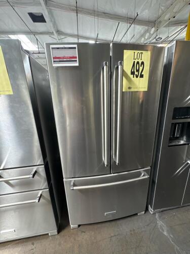 KitchenAid KRFC136RPS00 French Door Refrigerator with 36-inch width, 20 cu. ft. total capacity, stainless steel finish, automatic ice maker, bottom freezer, adjustable glass shelves, interior LED lighting, 115V AC, model KRFC136RPS00, serial KD3500438.