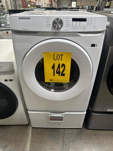 Samsung DVG45T6000W 7.5 cu. ft. front load gas dryer with moisture sensor and included Samsung 27" storage pedestal, features multiple drying cycles, digital controls, white finish, 20,000 BTU output, 120V electrical, CSA Energy Verified, dimensions: 27" 