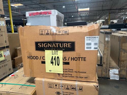 Signature Kitchen Suite SKSCH3601S 36" Chimney Wall Hood, featuring 200-600 CFM adjustable airflow, dual-level LED lighting, electronic touch controls, dishwasher-safe mesh filters, 6-inch round vertical discharge, 120 VAC, 60 Hz, 4 Amps, Serial Number: 3