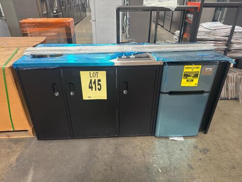 Summit CK72ADASINKL 72" ADA height all-in-one kitchenette includes integrated 5.1 cu ft refrigerator (dual door, 322 kWh/year energy use), stainless steel sink, two storage cabinets, black powder-coated cabinet, stainless steel countertop, serial number: 