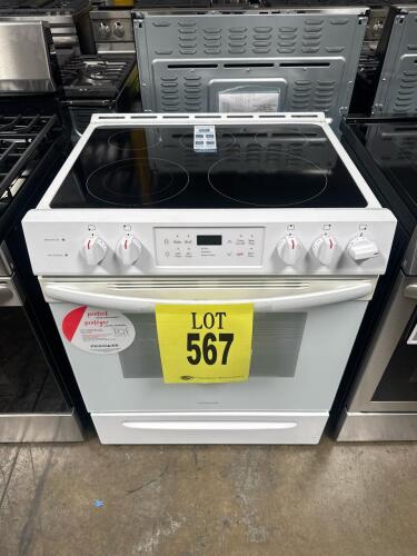 Frigidaire FFEH3054UWC electric range, freestanding, 5 burners, 5.3 cu. ft. oven capacity, 29 7/8"W x 25 3/4"D x 46 9/16"H (75.9 cm x 65.4 cm x 118.3 cm), 120/240V, 12.5 kW, white finish, UL listed, Serial: VF22227960