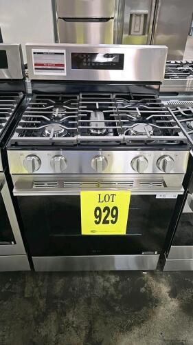 Used LG smart Wi-Fi enabled gas range, featuring ProBake convection, Air Fry technology, EasyClean self-cleaning, stainless steel finish, and a 6.3 cubic feet oven capacity. Manufactured April 2025 in Mexico, Model: LRGN6323Y/00, Serial Number: 504MMMXNOL