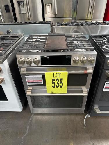 Cafe CGS750P2MS1 30" Smart Slide-In Gas Double-Oven Range with Convection, featuring 5 sealed gas burners including a 21,000 BTU tri-ring burner, built-in WiFi with SmartHQ App compatibility, self-cleaning with steam clean option, and air fry function. Se
