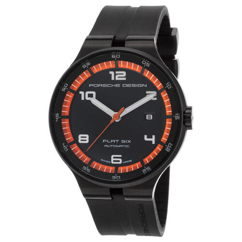 PORSCHE DESIGN, MEN'S FLAT 6 AUTOMATIC BLACK RUBBER DIAL AND IP SS ORANGE ACCENTS WATCH, PORSCHED-6350-43-44-1254 (IN ORIGINAL BOX) - MSRP: $4000 US