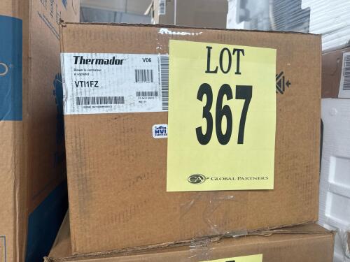 Thermador VTI1FZ 600 CFM In-Line Blower, Stainless Steel, HVI Certified, 14.13" W x 9.88" D x 15.5" H, 19 lbs, 423 Watts, designed for mounting along the duct line between the kitchen and the exterior wall, compatible with Thermador cooktops. Serial Numbe