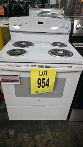 GE 30" Electric Range, Model JBS360DM1WW, features 4 coil burners, a 5.0 cu. ft. standard oven, manual knob controls, white finish, UL listed, made in Mexico, 120/240V, serial MM264464P, $749