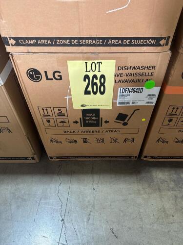 LG LDFN4542D Built-In Dishwasher, PrintProof black stainless steel, 15 place settings, 48 dBA noise level, QuadWash system, Dynamic Dry, front control panel, ENERGY STAR certified, 3rd rack, 120V/60Hz, serial number 506KWZH30229.