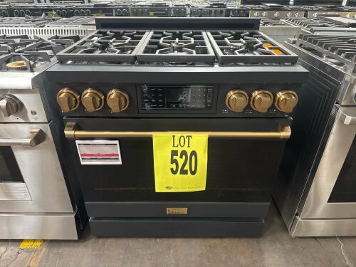 Thor Kitchen RSG36B-BRZ 36" 6-burner professional gas range in black/bronze, Gordon Ramsay Series, features tilt panel touch control, 113,500 BTU total output, 1 x 18,000 BTU burner, 2 x 15,000 BTU burners, 2 x 12,000 BTU burners, 1 x 6,000 BTU burner, 6.