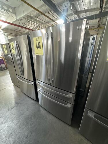 GE Profile PJE23BYWFS 23.2 Cu. Ft. 4-Door French Door Counter-Depth Refrigerator, featuring stainless steel finish, ENERGY STAR&reg; certification, internal Dual-Dispense AutoFill Pitcher, WiFi-enabled with SmartHQ&trade; app compatibility, adjustable glass shelves
