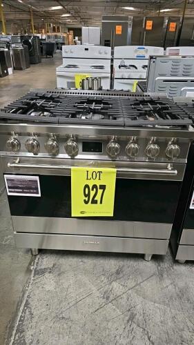 SMEG SPR36UGGX 36" Gas Range featuring 6 sealed burners, 4.5 cu. ft. oven capacity, satin stainless steel finish, automatic gas ignition, gas safety valves, soft close door system, tangential cooling fan, cast iron grates, electrical rating of 120 V, 60 H