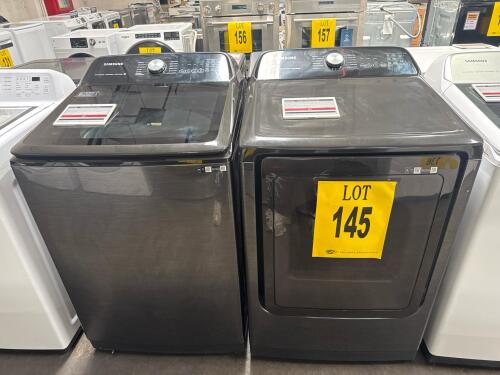 Samsung WA55CG7100AV 5.5 cu. ft. Extra-Large Capacity Top Load Washer paired with DVG55CG7100V 7.4 cu. ft. Smart Gas Dryer, both finished in brushed black stainless and manufactured in 2023. Features include: Super Speed Wash, Steam Sanitize+, Wi-Fi Smart