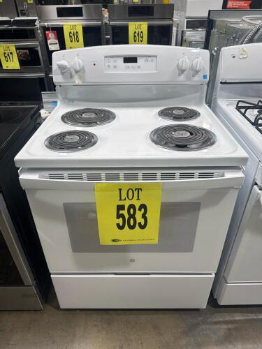 GE 30" Freestanding Electric Range JBS360DM3WW in white with 5.0 cu ft oven capacity, four coil burners (two 6"/1250W, two 8"/2400W), oven features standard bake and broil, UL Listed, 120/240V, electronic touchpad controls, hot surface indicator, dimensio