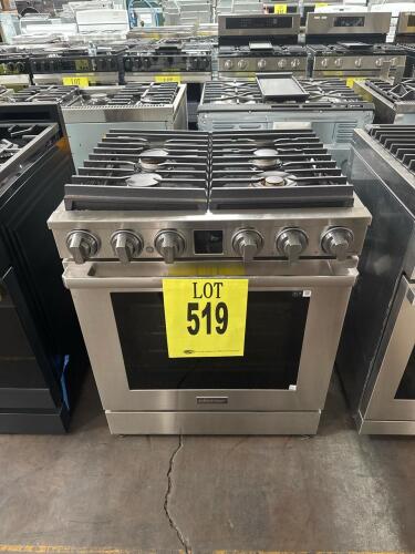 Dacor DOP30T840GS 30-inch stainless liquid propane gas range with 4 sealed burners, convection oven, 4.8 cu ft oven capacity, self-cleaning, 3 racks, Wi-Fi enabled, Sabbath mode, CSA/UL certified, Made in Thailand, Serial Number: 0KM07DAY400014B