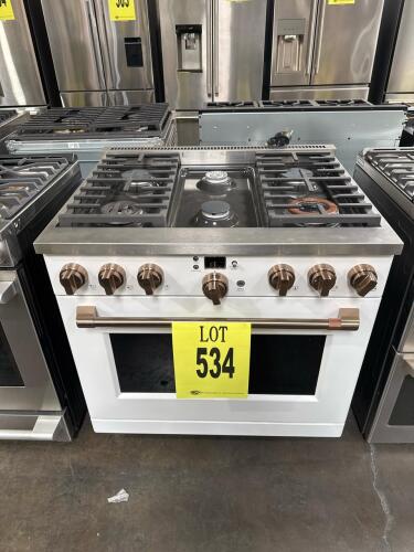 Caf&eacute; 36" Smart Dual-Fuel Range, Model C2Y366P4T1W2, featuring 6 burners, 5.75 cu. ft. oven capacity, True Convection, self-cleaning function, WiFi connectivity, color-matched manifold with LCD control, Inspiral burner for superior heat distribution, CSA c
