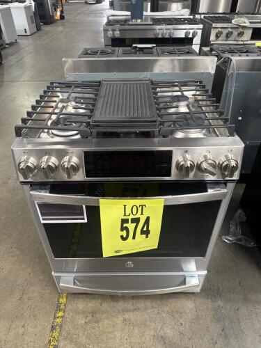 GE Profile PGS930YP1FS 30" Slide-In Gas Range featuring a 5.6 cu. ft. oven, No Preheat Air Fry, Built-In WiFi powered by SmartHQ App, Tri-Ring Burner, Edge-to-Edge Cooktop, Reversible Cast-Iron Griddle/Grill, Glass Touch Controls, Self-Cleaning Convection