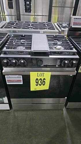 Samsung NSG6DG8700SRAA Bespoke 6.0 cu. ft. Smart Slide-In Gas Range with Smart Oven Camera and Illuminated Precision Knobs, featuring 5 sealed gas burners (23,000 to 5,000 BTU, natural gas or LP convertible), WiFi/app control, convection oven, air fry bas