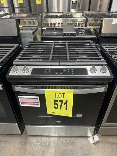 Whirlpool WEG515S0LS4 Gas Range featuring a 5.0 cu. ft. oven capacity, 4 burners including two 15,000 BTU SpeedHeat&trade; burners, adjustable self-clean cycle, front control knobs with electronic touch oven controls, edge-to-edge cast-iron grates, and addition