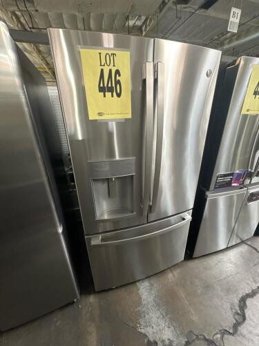 GE GFE28GYNBFS 27.7 Cu. Ft. French Door Refrigerator, features fingerprint resistant stainless finish, external water/crushed/cubed ice dispenser, Showcase LED lighting, 3-door design, 69.87"x35.75"x36.25", ENERGY STAR rated, Turbo Freeze/Cool functions, 