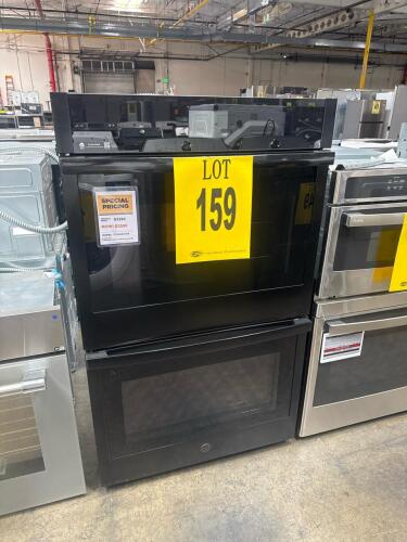 GE JTD5000DV1BB 30" double electric wall oven, convection, WiFi-enabled, black finish, 10.0 cu ft total capacity, glass touch controls, steam self-clean, 4 racks, UL Listed, assembled in the USA, includes user manual. Serial number: AZ143709Q.