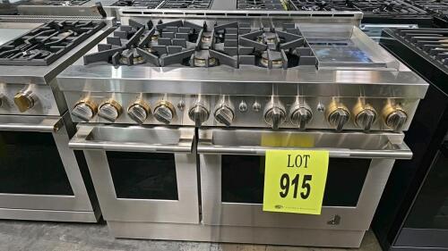 Jenn-Air JGRP548HL01 48-Inch Dual-Fuel Gas Range featuring 6 burners, 1,300W electric griddle, dual gas ovens (left 13,000 BTU, right 17,000/11,000 BTU), stainless steel finish, assembled in USA, ANSI Z21.1-2016 / CSA 1.1-2016 certified, 120V/15A power fo