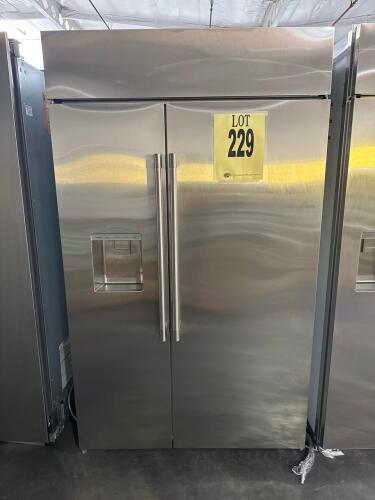 Premium built-in, side-by-side stainless steel refrigerator with external water and ice dispenser, advanced temperature management, and climate-control drawers. Model: ZISS480DNFSS, Serial Number: HT032749, RETAIL: $13700