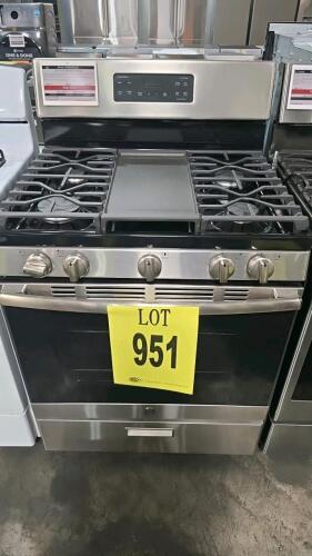 GE JGBS66REK2SS 30" Stainless Steel Freestanding Gas Range features 5 sealed burners, 18,000 BTU bake burner, 5.0 cu. ft. oven capacity, 120V electrical. Serial number: HL203790P.