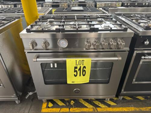 Bertazzoni MAS365GASXV 36" Stainless Steel Gas Range featuring 5 gas burners, gas convection oven, oven capacity 5.9 cu ft, dimensions 36" x 25-1/8" x 35-1/2", 120V/2.5A, UL listed, two oven racks, analog temperature gauge, cast-iron grates, serial number