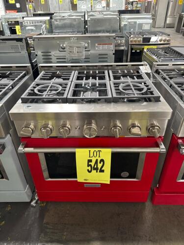 KitchenAid 36" Gas Commercial-Style Range, Model KFGC506JPA02, featuring 6 burners, Even-Heat&trade; True Convection oven, self-cleaning function, Flame-Sensing&trade; Re-ignition, UL Listed and Star-K Certified. Includes 3 oven racks and visible grills. Serial Numbe