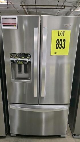 Whirlpool WRFF3436RZ00 French Door Refrigerator, 24.7 cu. ft. total capacity, 18 cu. ft. refrigerator, 6.7 cu. ft. freezer, 70.25 x 35.625 x 35.25 in, ENERGY STAR&reg;, exterior water dispenser, EveryDrop&reg; Filtration, factory ice maker, spillproof glass shelv