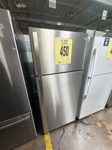 GE GTS18HYNFRFS 17.5 cu. ft. top-freezer refrigerator, fingerprint resistant stainless finish, adjustable glass shelves, LED lighting, 2 humidity-controlled drawers, optional icemaker ready, 115V, frost-free, R600A refrigerant, overall dimensions 28"W x 6