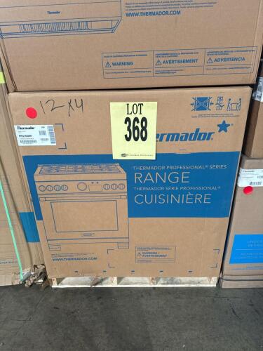Thermador PRG366WH 36" Professional Gas Range featuring 6 Star&reg; Burners, 5.1 cu. ft. convection oven, 18,000 BTU per burner, TFT display, stainless steel finish. Serial Number: 395080296105003340.