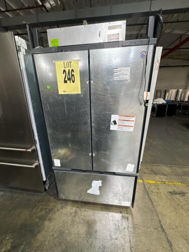 JennAir 42" French Door Built-In Refrigerator JF42NXFXDE02, Overlay panel-ready, 24.2 cu ft capacity, 115V, 4.0A, LED lighting, 4 adjustable shelves, 83.38"H x 42"W x 25.13"D, UL/CSA/NSF certified, minor cosmetic wear, S/N K93825261.