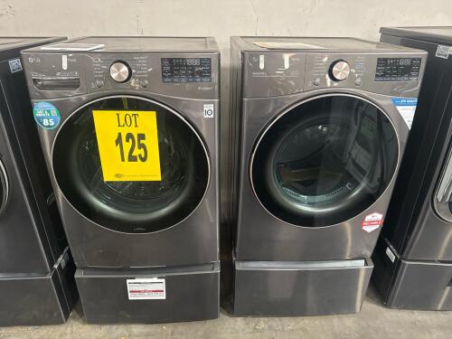 LG SET WM4000HBA 27 in FRONT LOAD WASHER W/PEDESTAL S/N-110TNLE1B664, AND LG 27in DLGX4001B GAS DRYER W/PEDESTAL S/N-110KWYP49066, 506OSLQG0960 RETAIL $3516