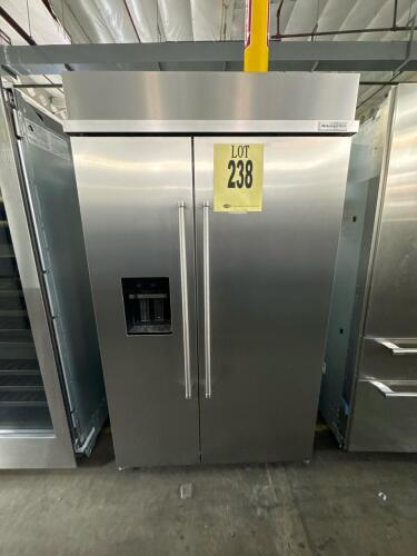 KitchenAid 48" Built-In Side-by-Side Refrigerator KBSD708MPS01, featuring 29.4 cu. ft. total capacity, automatic ice maker, external water/ice dispenser, platinum-colored interior, SatinGlide drawers, adjustable shelving, OEM bins, stainless steel finish,