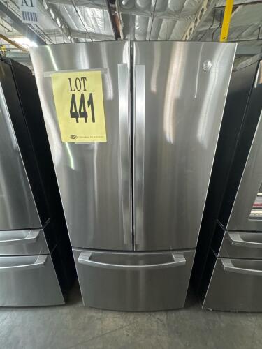 GE GNE25JYKFFS 24.7 Cu. Ft. French Door Refrigerator, featuring internal water dispenser, factory-installed ice maker with water filtration system, LED lighting, Turbo Cool and Turbo Freeze settings, Quick Space shelf, fingerprint-resistant stainless stee