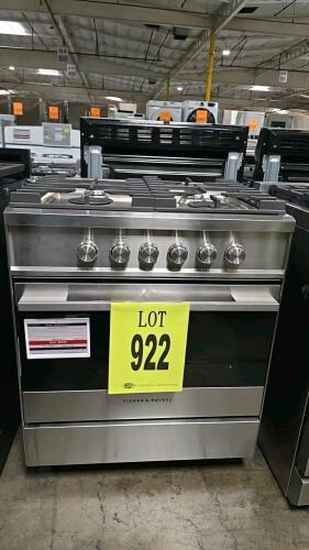 Fisher &amp; Paykel OR30SDG4X1 30" contemporary 4-burner stainless gas range featuring convection oven, electronic ignition, knob controls, 3.5 cu. ft. capacity, freestanding installation, Serial A81711DIG6311437, RETAIL: $5049