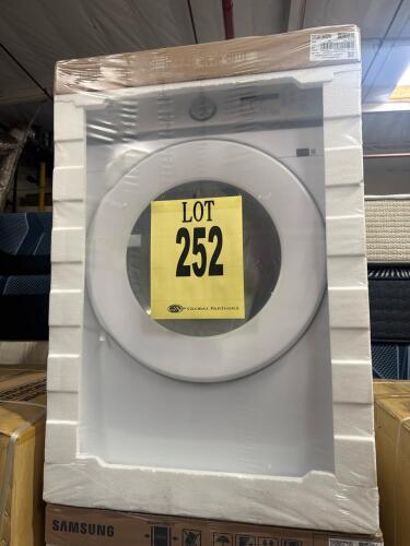 Samsung DVG45T6000W 7.5 Cu. Ft. Gas Dryer with Sensor Dry, featuring 10 preset drying cycles, digital LED display, stackable design, 3-way venting options, powder-coated drum, Smart Care functionality, interior drum light, reversible door, and lint filter