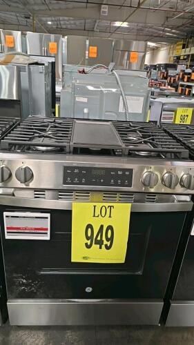GE GGS500SV2SS 30" Slide-In Gas Range, featuring Crisp Mode, Express Preheat, Extra-Large Integrated Non-Stick Griddle, Edge-to-Edge Cooktop, Precise Simmer Burner, 15,000 BTU Power Boil&trade; Burner, and Heavy-Duty, Dishwasher-Safe Grates. Serial Number: TZ01