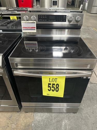 Samsung NE63A6511SS/AA 6.3 cu. ft. Smart Electric Range, Air Fry and Convection, Stainless Steel, 5 radiant burners, Wi-Fi SmartThings control, storage drawer, rapid boil elements, oven racks, 120/240V 13 kW, manufactured March 2022, CSA Energy Verified, 