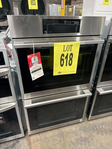 LG WDES9428F Double Wall Oven, 30-inch, Stainless Steel, 9.4 cu ft total capacity, true convection (upper oven), glass touch controls, self-cleaning, 120/240V or 120/208V, 10.2kW, 4 oven racks, ETL and Intertek certified, made in Korea, Serial No. 209KMA