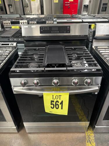Samsung NX60A6511SS/AA 30-inch freestanding household gas oven range featuring a 6.0 cu. ft. oven capacity, convection bake and roast, air fry, and Wi-Fi smart control. It has five sealed burners, fingerprint-resistant stainless steel finish, storage draw