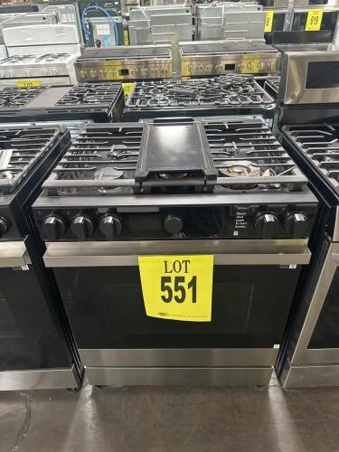 Samsung NSG6DG8500SR AA 30" Smart Slide-In Gas Range featuring 6.0 cu. ft. oven capacity, 5 burners up to 18,000 BTU, Convection+, Self-Cleaning, Wi-Fi, Voice Controls, Air Fry tray, Sous Vide, Aluminum Griddle, and Stainless Steel finish. Serial Number: 