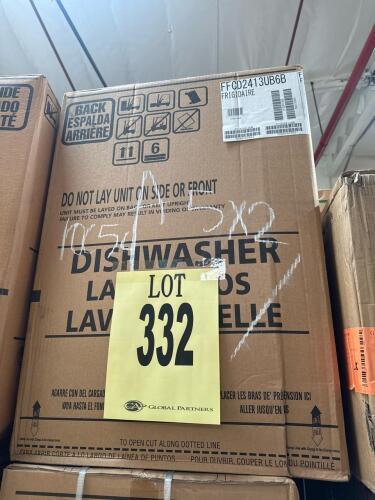 Frigidaire FFCD2413UB6B 24" built-in dishwasher, black finish, 14 place settings, 3 cycles, 33.5 x 24 x 25 in, 78.85 lbs, 55 dBA, polymer tub, heated dry, front control panel, Lot #332, Serial Number: TH44197983