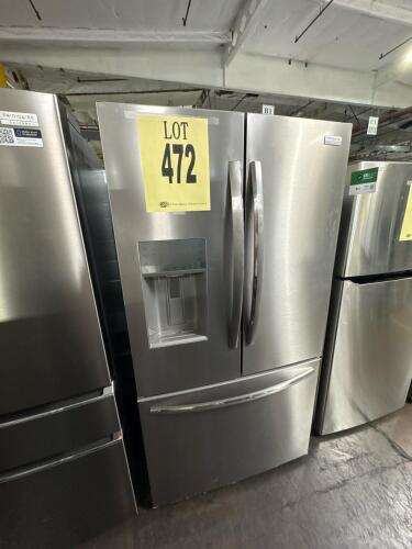 Frigidaire 27.8 cu. ft. French Door Refrigerator with external water and ice dispenser, Model GRFS2853AF0, features adjustable glass shelves, humidity-controlled crispers, LED lighting, automatic defrost, R600a refrigerant, stainless steel finish, 115V po