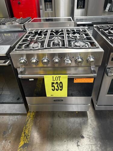 Viking 30" Self-Cleaning Gas Range RVGR33025BSS01 with five sealed burners, stainless steel finish, ProFlow convection, continuous cast iron grates, 120V power, 3 oven racks, approximate oven capacity 4.0 cu ft, dimensions 35.87"H x 29.87"W x 25"D. Serial