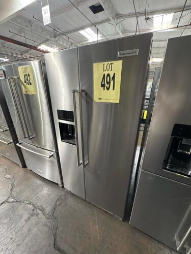 KitchenAid KRSC703HPS01 23 cu ft Side-by-Side Refrigerator, Counter Depth, Stainless Steel. Key features include ENERGY STAR certified efficiency, external water and ice dispenser, LED interior lighting, electronic touch controls, adjustable glass shelves