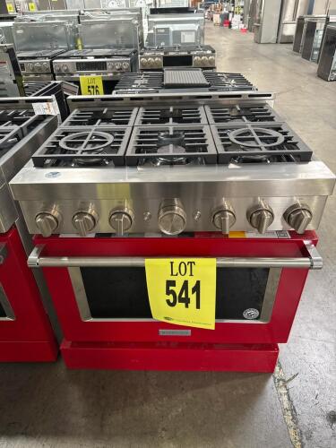 KitchenAid 36" Smart Commercial-Style Gas Range featuring 6 burners, Even-Heat&trade; True Convection oven, Wi-Fi connectivity compatible with Google Assistant and Alexa, 5.1 cu. ft. oven capacity, manual knob controls, and Passion Red finish with stainless ste